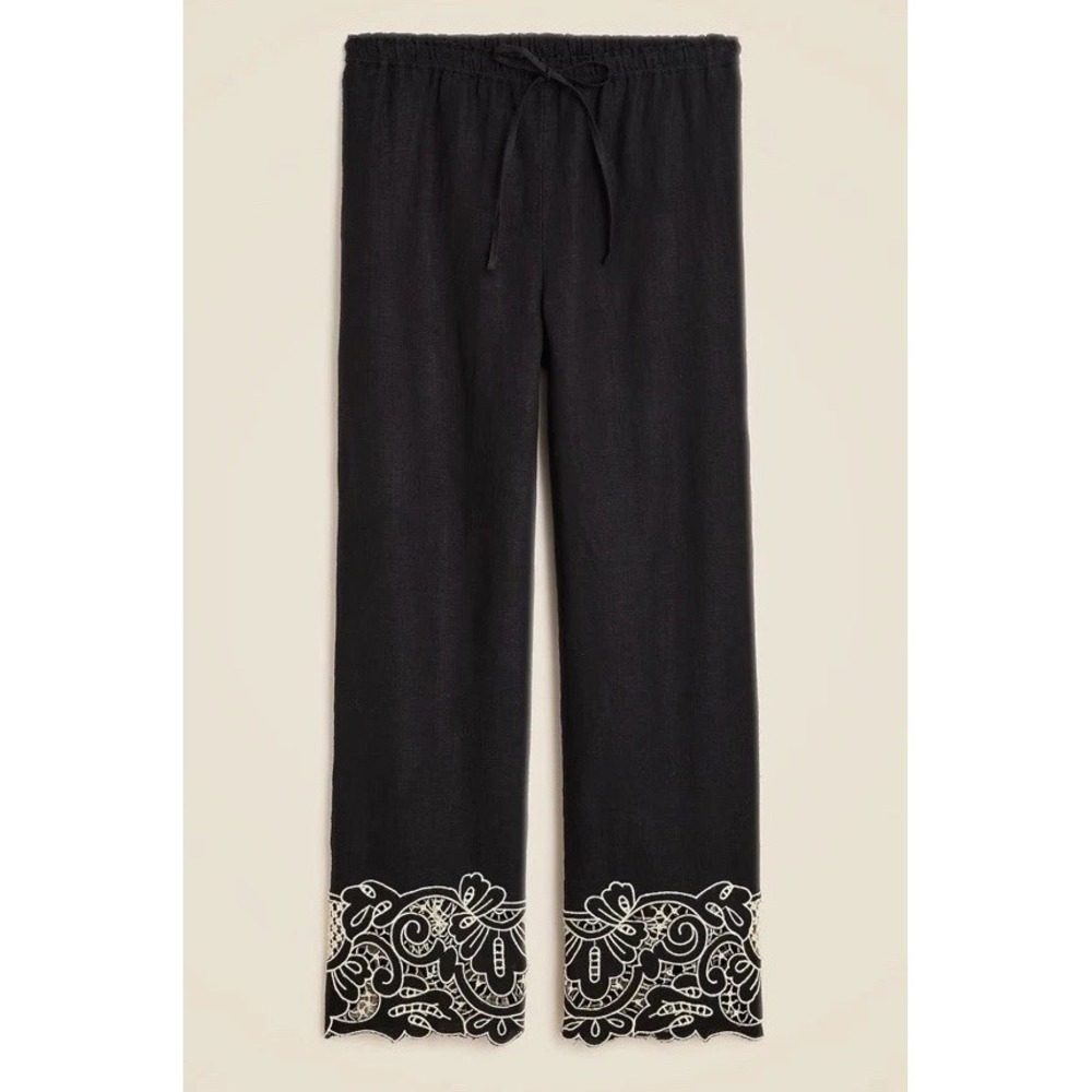 EUC J.Crew New Soleil pant in embroidered linen  BLACK IVORY LARGE Pockets